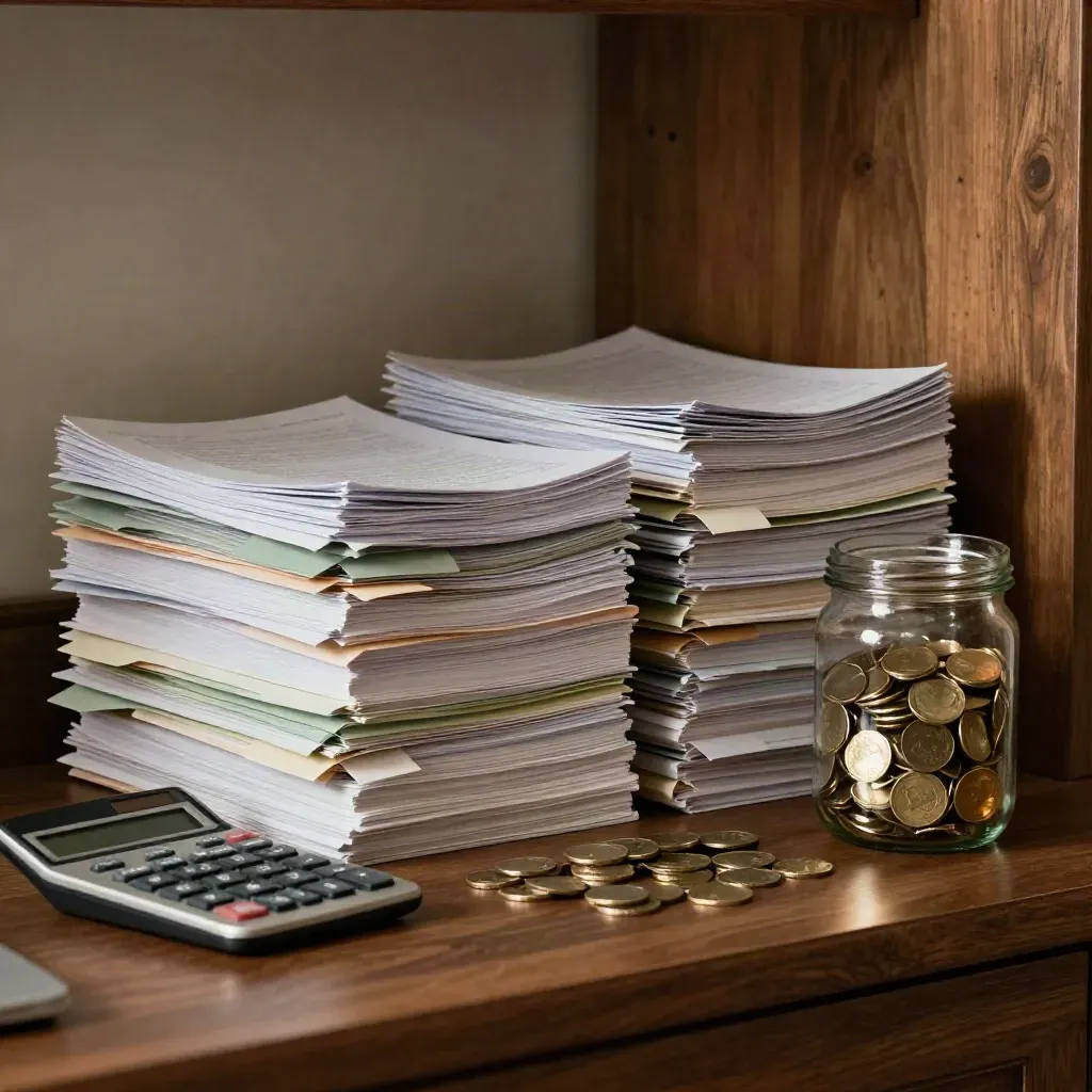 Ciemny home office z kalkulatorem, stosami papierów, zielonymi zakładkami i słoikiem monet.