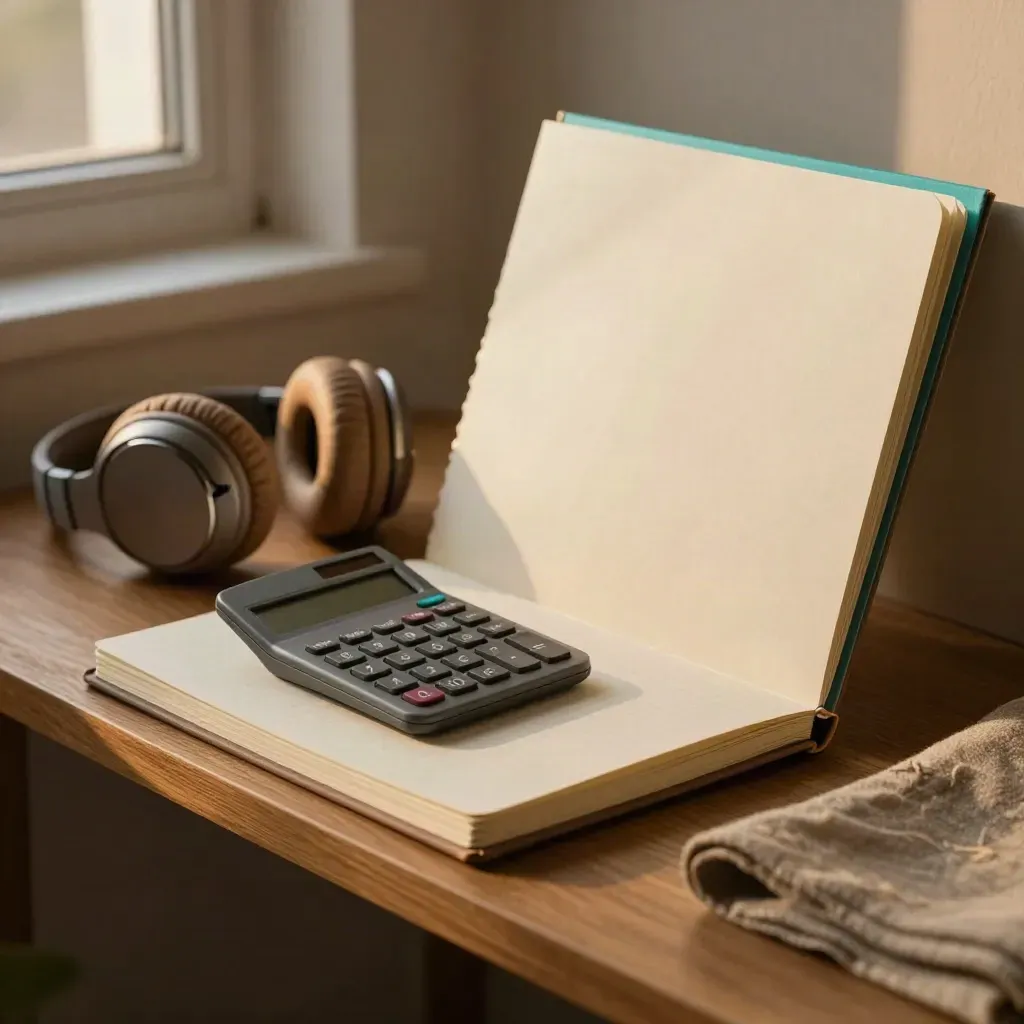 Zestaw finansów usługowych: zamknięty notes, kalkulator, słuchawki i folder przy ciepłym świetle.